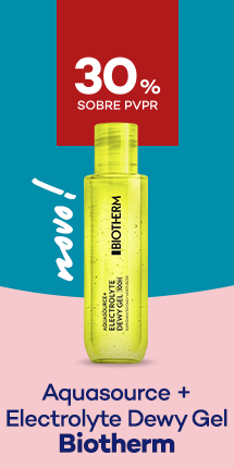 Novo Gel de Rosto Aquasource+ Electrolyte Dewy da marca Biotherm caom destaque promocional de 30% sobre pre&ccedil;o de Venda ao P&uacute;blico Recomendado